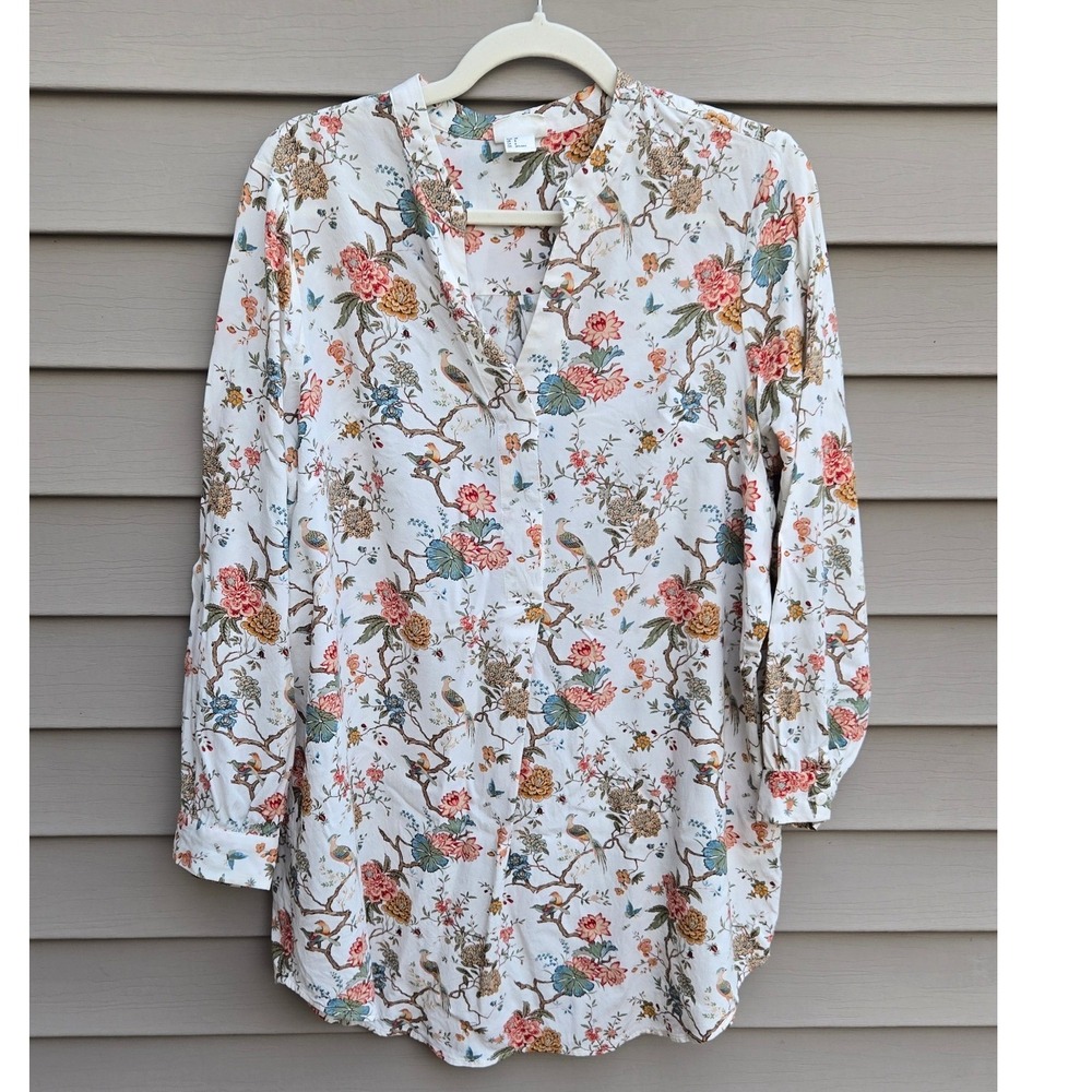 GP & J Baker x HM Floral Bird Print Tunic Blouse White Multi Size 6 Long Sleeve